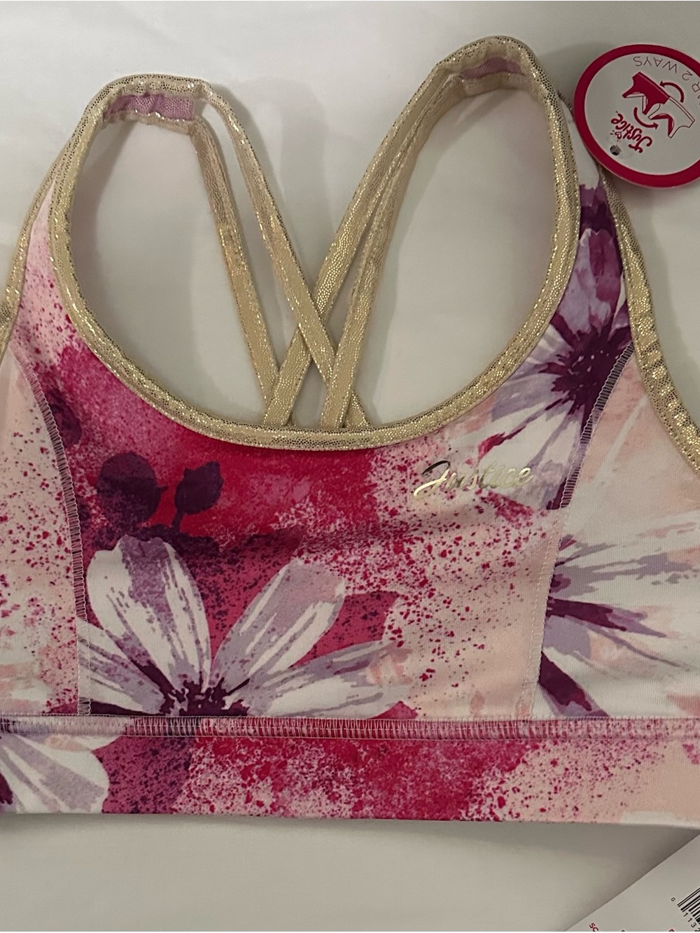 Justice Pink Floral Crisscross Sports Bra with Gold Trim